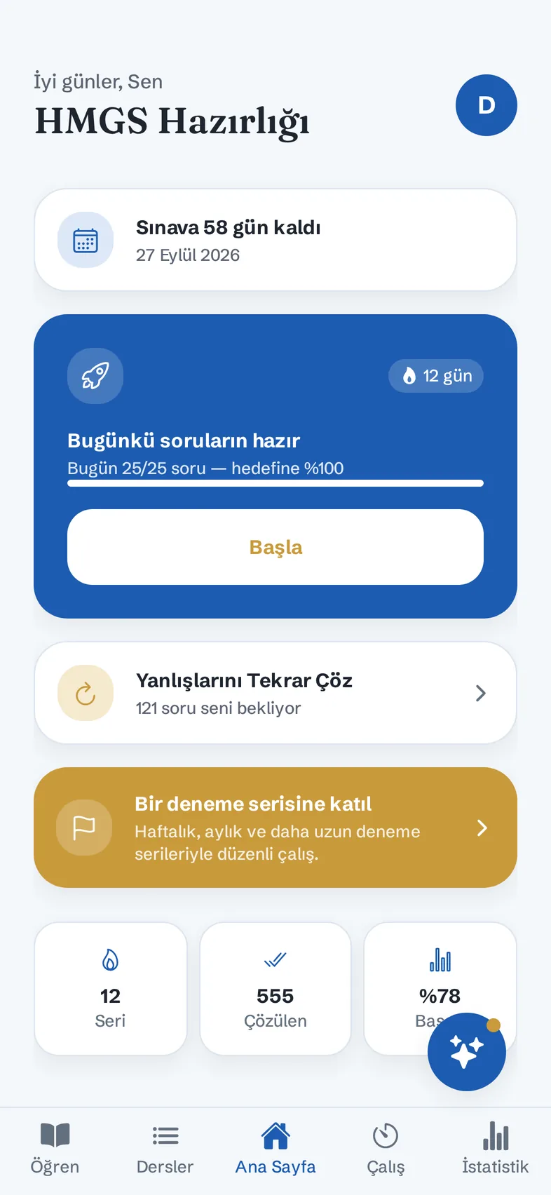 Ana sayfa: sınav geri sayımı, günlük hedef ve seri