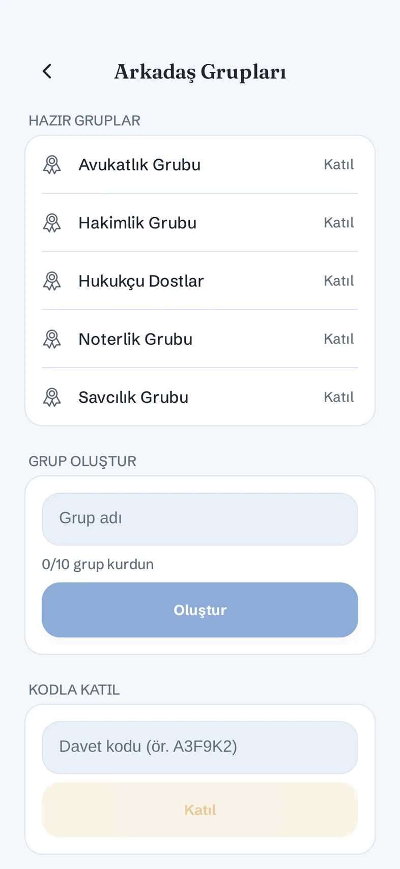 Arkadaş grupları ekranı ve hazır gruplar listesi