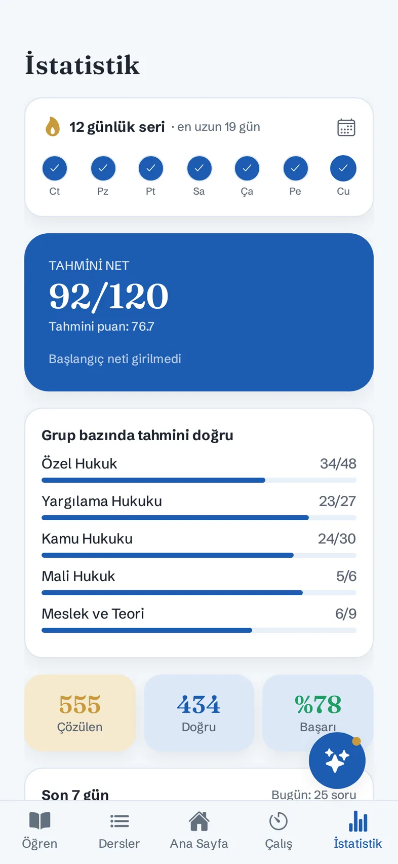 İstatistik ekranı: 92/120 tahmini net ve ders grubu bazında dağılım